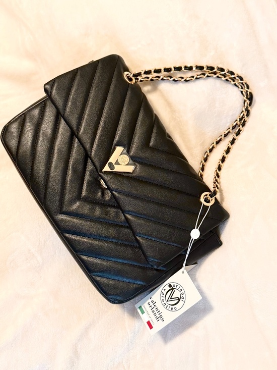 NWT Valentino Orlandi Large Black Quilted Shoulder Bag with a gold chain strap.